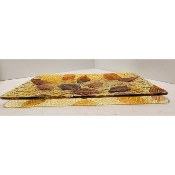 Vtg Fused Glass Rectangular Flat Textured Serving Dish Fall Leaves 9x14 Inches - Picture 7 of 10